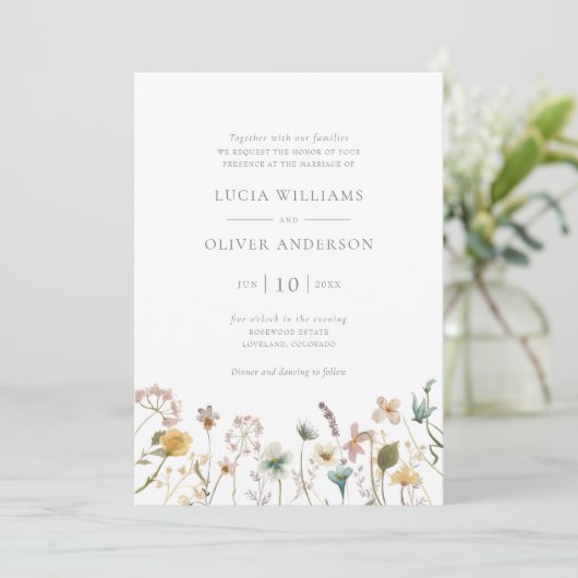 ワイルドフラワーエレガントウォーターの色のフローラ結婚の 招待状 (スタンド正面)