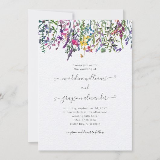 ワイルドフラワーエレガントウォーターの色のフローラ結婚の 招待状 (正面)