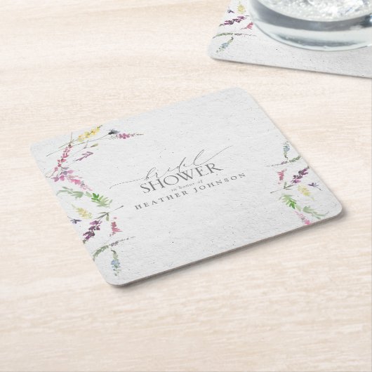 ワイルドフラワーエレガントウォーター色フローラブライダルシャワー スクエアペーパーコースター (アングル)