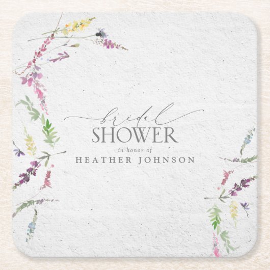 ワイルドフラワーエレガントウォーター色フローラブライダルシャワー スクエアペーパーコースター (正面)