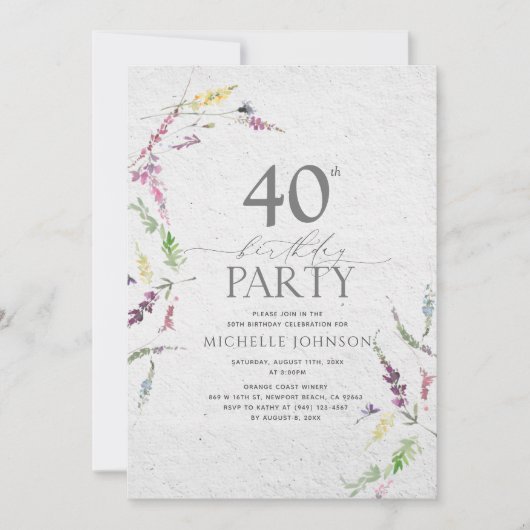 ワイルドフラワーエレガントウォーター色フローラ40th誕生日 招待状 (正面)