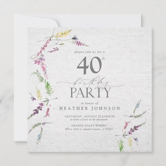 ワイルドフラワーエレガントウォーター色フローラ40th誕生日 招待状 (正面)