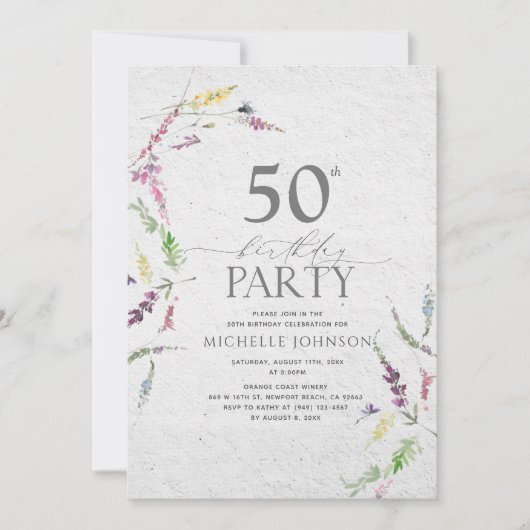 ワイルドフラワーエレガントウォーター色フローラ50誕生日 招待状 (正面)