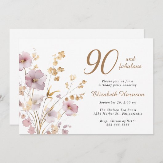 ワイルドフラワーエレガントウォーター色90th誕生日パーティー 招待状 (正面/裏面)