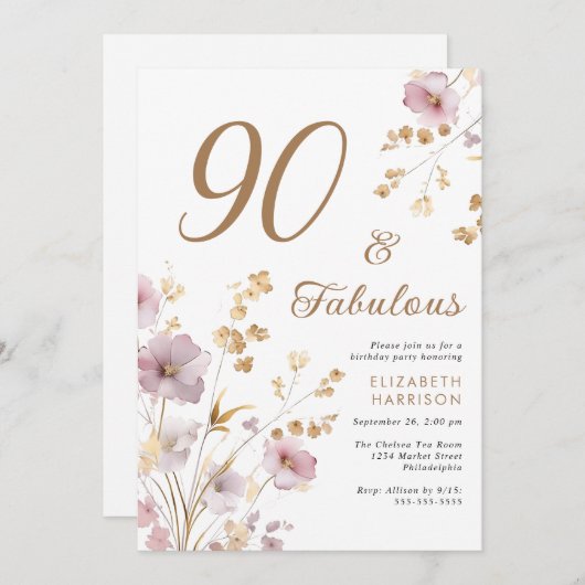 ワイルドフラワーエレガントウォーター色90th誕生日パーティー 招待状 (正面/裏面)