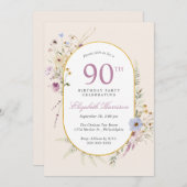ワイルドフラワーエレガントウォーター色90th誕生日パーティー 招待状 (正面/裏面)