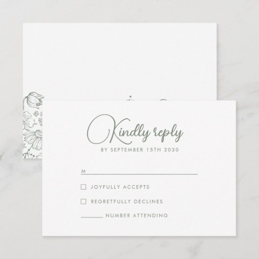 ワイルドフラワーエレガントオリーブグリーン結婚式RSVPカード 出欠カード (正面/裏面)