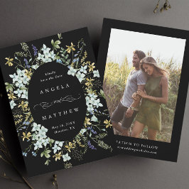 ワイルドフラワーエレガントオーバルフレーム結婚のフォトブラック セーブザデート