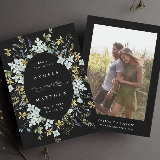 ワイルドフラワーエレガントオーバルフレーム結婚のフォトブラック セーブザデート