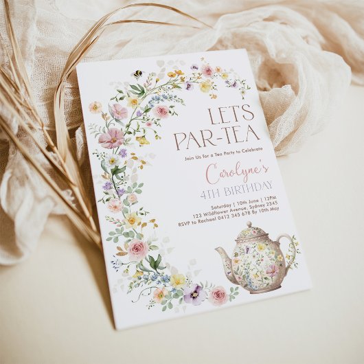 ワイルドフラワーエレガントガーデンティーパーティーガール誕生日 招待状