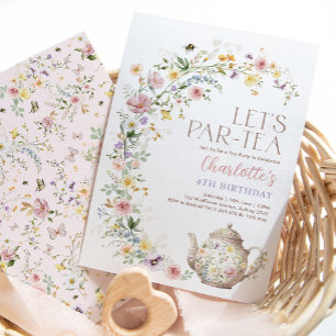 ワイルドフラワーエレガントガーデンティーパーティーガール誕生日 招待状