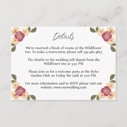 ワイルドフラワーエレガントガーデンボホ結婚の詳細 エンクロージャーカード (正面)