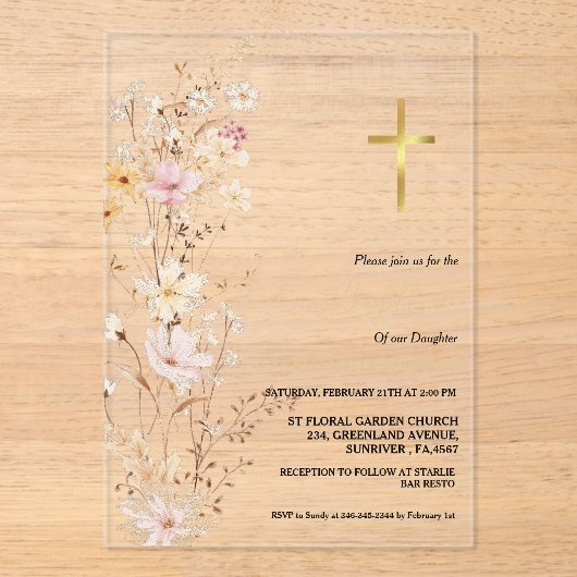 ワイルドフラワーエレガントガールバプテスマ《キリスト教》洗礼式や命名式 アクリル招待状 (正面)