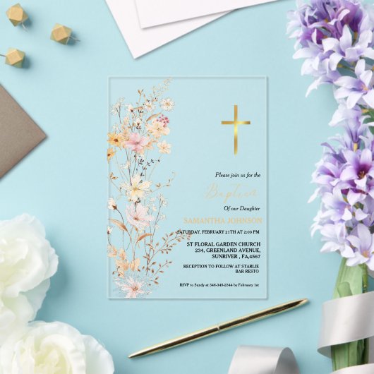 ワイルドフラワーエレガントガールバプテスマ《キリスト教》洗礼式や命名式 アクリル招待状 (インサイチュ (ウェディング))