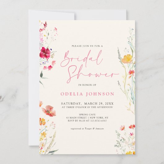 ワイルドフラワーエレガントクカラフルクリームブライダルシャワー 招待状 (正面)