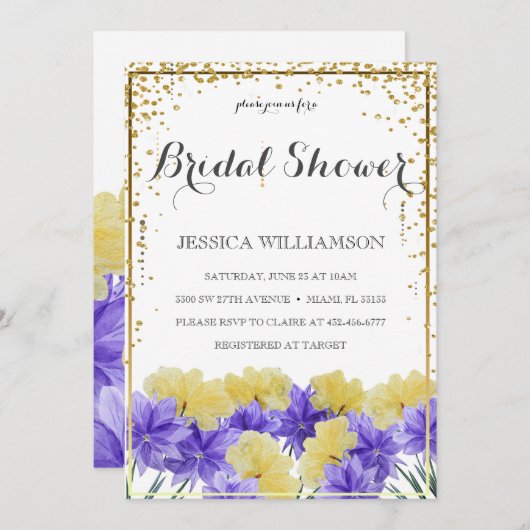 ワイルドフラワーエレガントゴールデンフレーム、ブライダルシャワー 招待状 (正面/裏面)