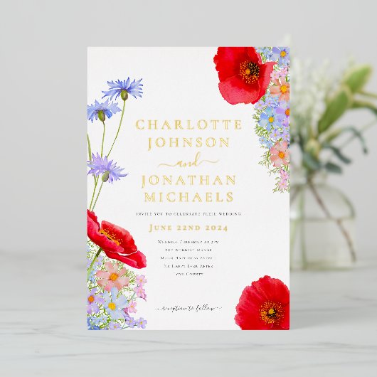 ワイルドフラワーエレガントゴールドフォイル招待状 箔招待状 (立ち正面)