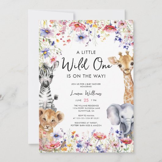ワイルドフラワーエレガントサファリ写真ベビーガールシャワー 招待状 (正面)