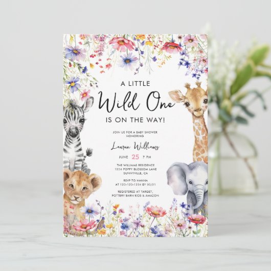 ワイルドフラワーエレガントサファリ写真ベビーガールシャワー 招待状 (スタンド正面)
