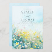 ワイルドフラワーエレガントズダスティブルー結婚式招待状 招待状 (正面/裏面)