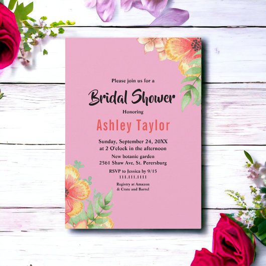 ワイルドフラワーエレガントズピンクボホフローラブライダルシャワー 招待状