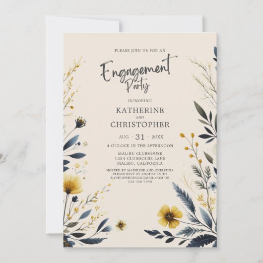 ワイルドフラワーエレガントズ婚約パーティベージュ 招待状 (正面)