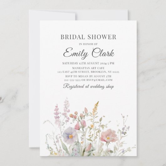 ワイルドフラワーエレガントズ水彩ブライダルシャワー 招待状 (正面)