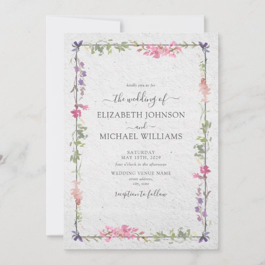 ワイルドフラワーエレガントズ水彩庭園の結婚式 招待状 (正面)