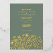 ワイルドフラワーエレガントズSage Greenと金ゴールド結婚ズ 箔招待状 (正面)