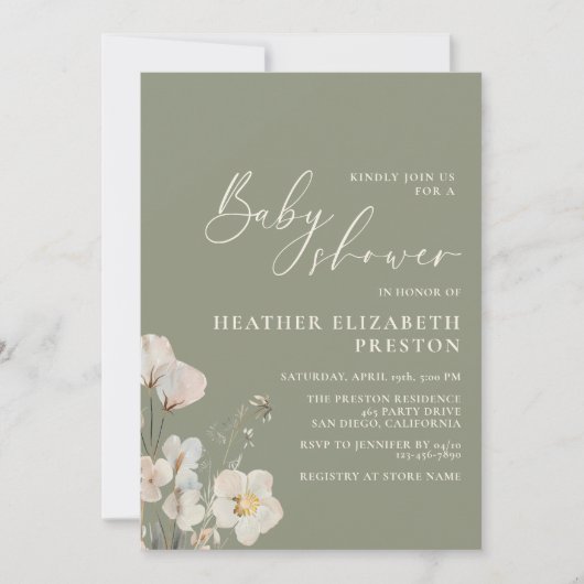 ワイルドフラワーエレガントセージ緑の赤ちゃんシャワー 招待状 (正面)