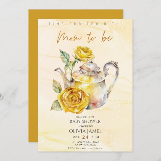 ワイルドフラワーエレガントティーパーティーの赤ちゃんシャワー 招待状 (正面/裏面)