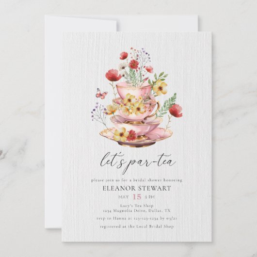 ワイルドフラワーエレガントティーパーティーブライダルシャワー 招待状 (正面)