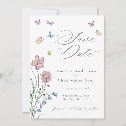 ワイルドフラワーエレガントバタフライウェディング日付を保存 招待状 (正面)
