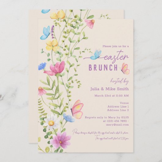 ワイルドフラワーエレガントバタフライガーデンイースターブランチ 招待状 (正面/裏面)