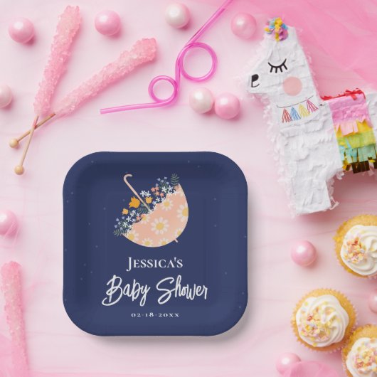 ワイルドフラワーエレガントピンクの傘の赤ちゃんシャワー ペーパープレート (パーティー)