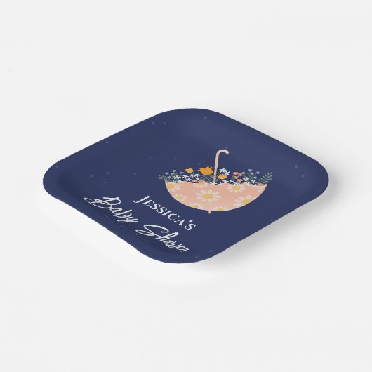 ワイルドフラワーエレガントピンクの傘の赤ちゃんシャワー ペーパープレート (傾斜あり)