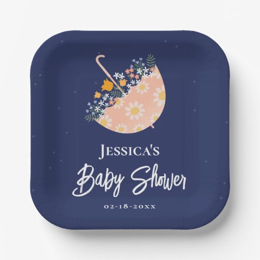 ワイルドフラワーエレガントピンクの傘の赤ちゃんシャワー ペーパープレート (正面)