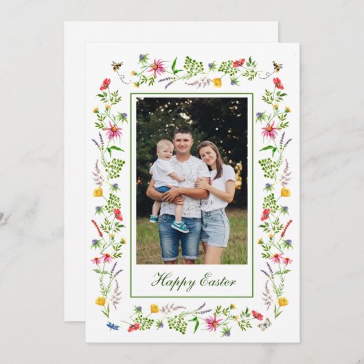 ワイルドフラワーエレガントフレームイースターのグリーティングカード 案内状 (正面/裏面)