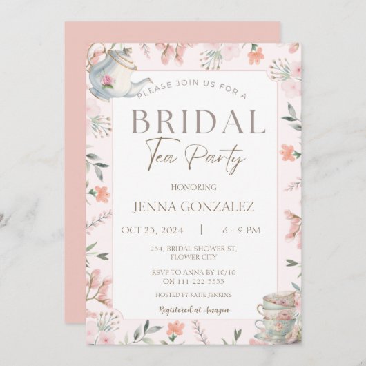 ワイルドフラワーエレガントフローラティーパーティーブライダルシャワー 招待状 (正面/裏面)
