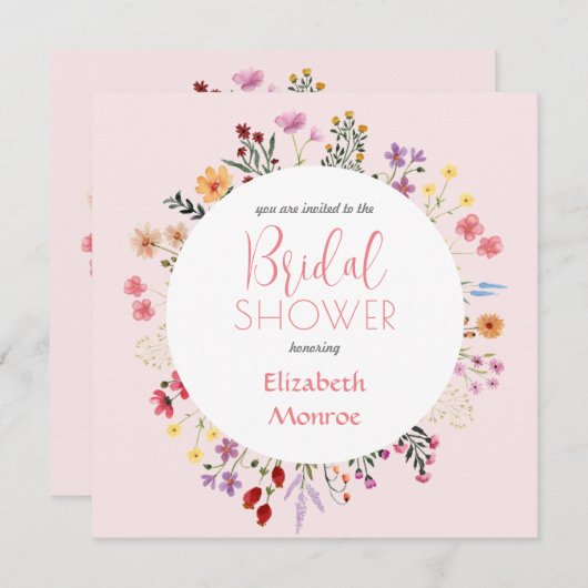 ワイルドフラワーエレガントフローラピンクブライダルシャワー 招待状 (正面/裏面)