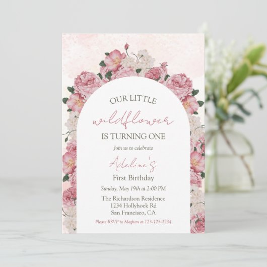 ワイルドフラワーエレガントフローラベビーガール1st誕生日 招待状 (スタンド正面)