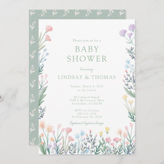 ワイルドフラワーエレガントフローラベビーシャワー招待状 招待状 (正面/裏面)