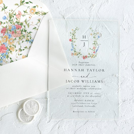 ワイルドフラワーエレガントフローラモノグラム結婚ズ アクリル招待状