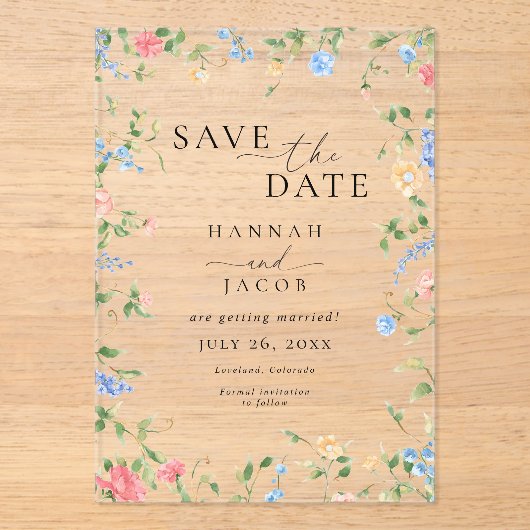 ワイルドフラワーエレガントフローラ結婚式の日付を保存 アクリル招待状 (正面)