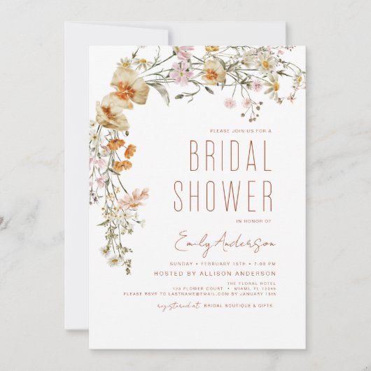 ワイルドフラワーエレガントブライダルシャワーボホエレガント 招待状 (正面)