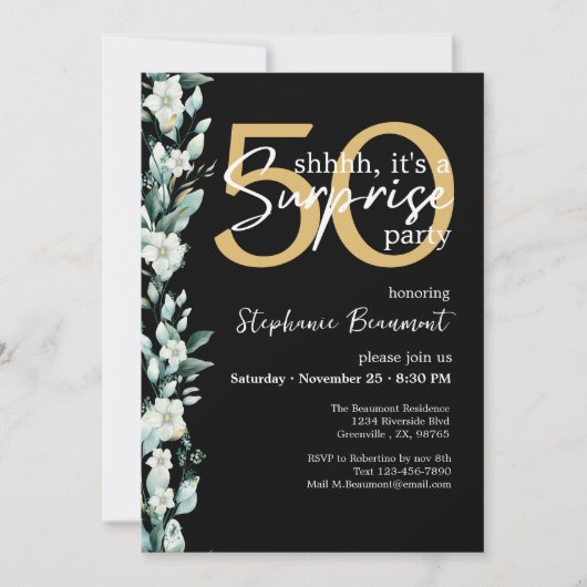 ワイルドフラワーエレガントブラックサプライズ50誕生日 招待状 (正面)