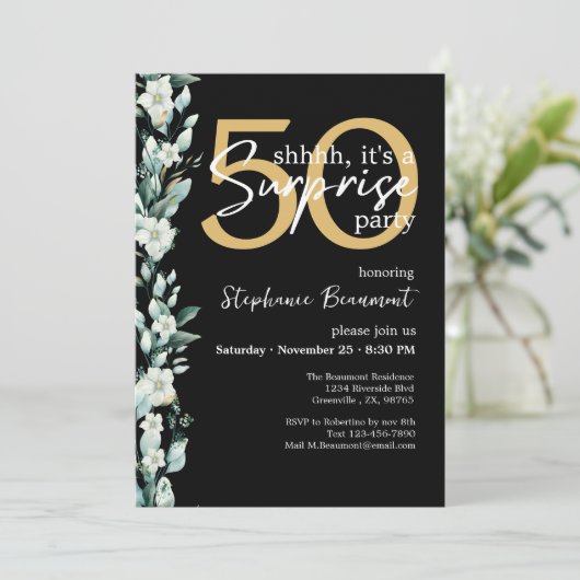 ワイルドフラワーエレガントブラックサプライズ50誕生日 招待状 (スタンド正面)
