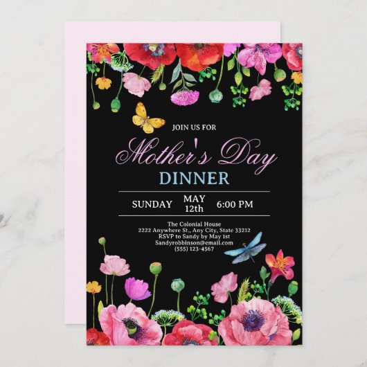 ワイルドフラワーエレガントブラックシック母の日ディナー 招待状 (正面/裏面)