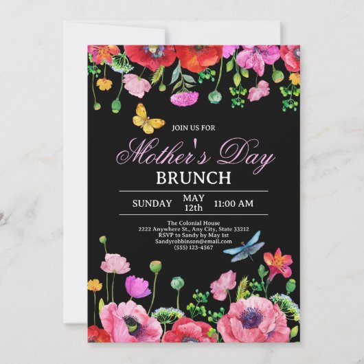 ワイルドフラワーエレガントブラックシック母の日ブランチ 招待状 (正面)