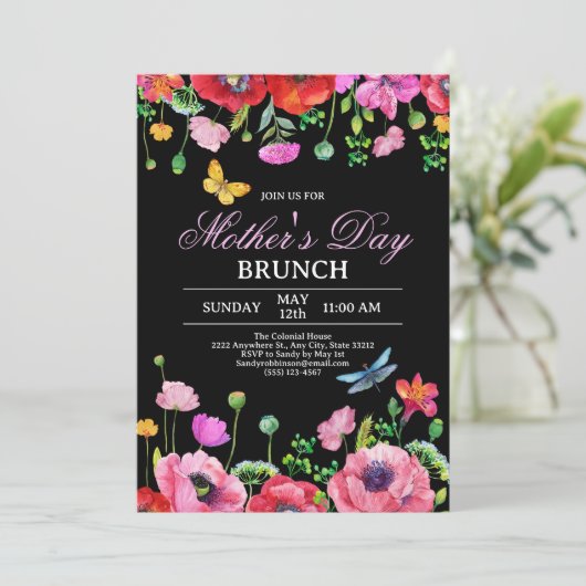 ワイルドフラワーエレガントブラックシック母の日ブランチ 招待状 (スタンド正面)